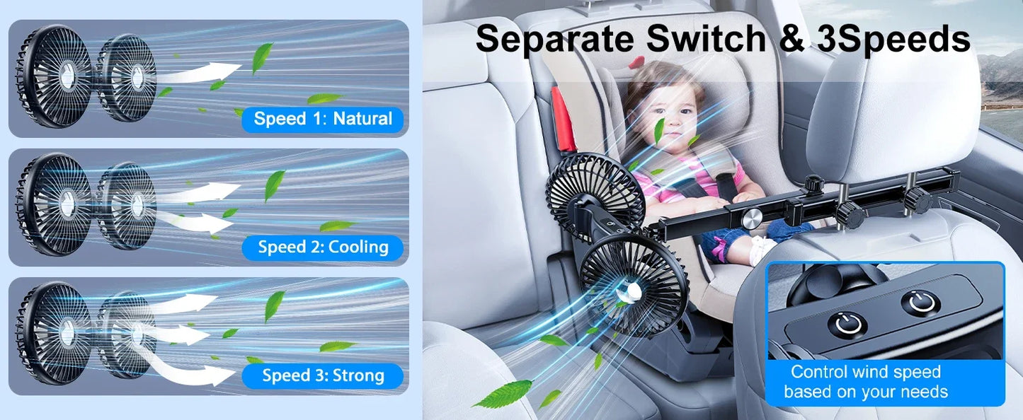 Car Dual-Head Fan Headrest 360° Rotation Air Cooling Fan