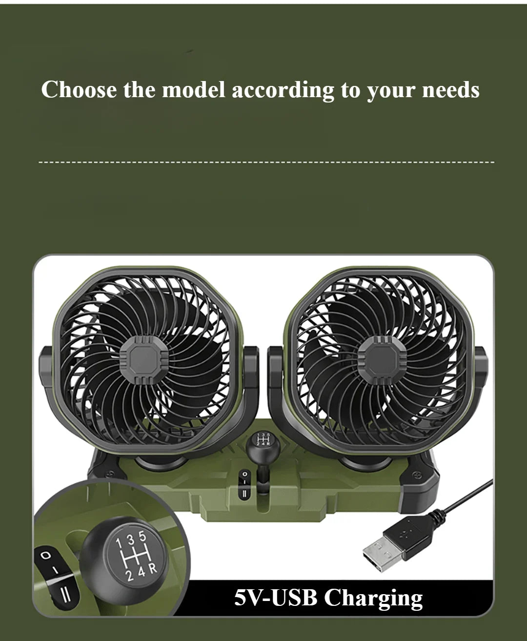 Car Dual-Head 2 Speeds Wind 360° Rotatable Fans USB/12V/24V