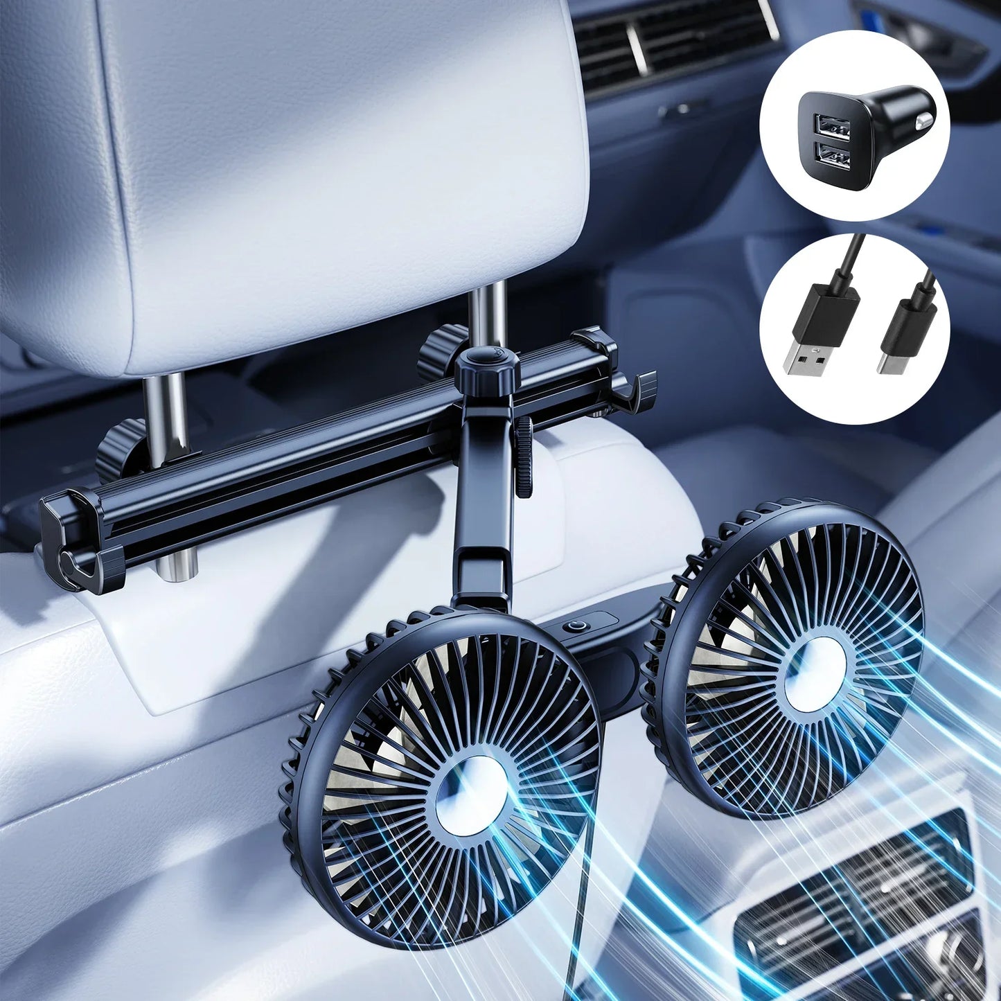 Car Dual-Head Fan Headrest 360° Rotation Air Cooling Fan