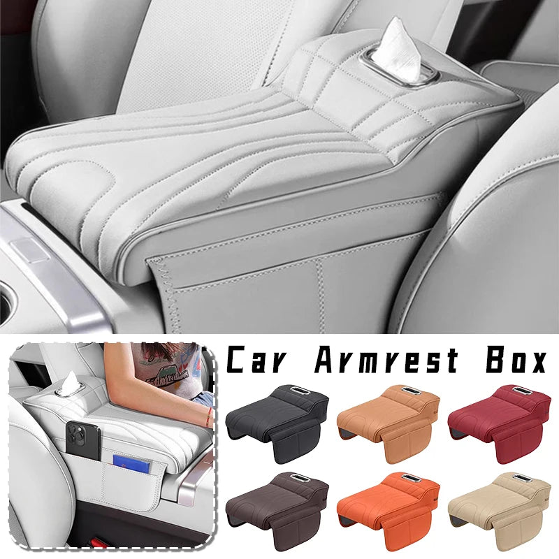 Car Universal Armrest Cushion Quilted Leather Enhance Comfort Oraganizer