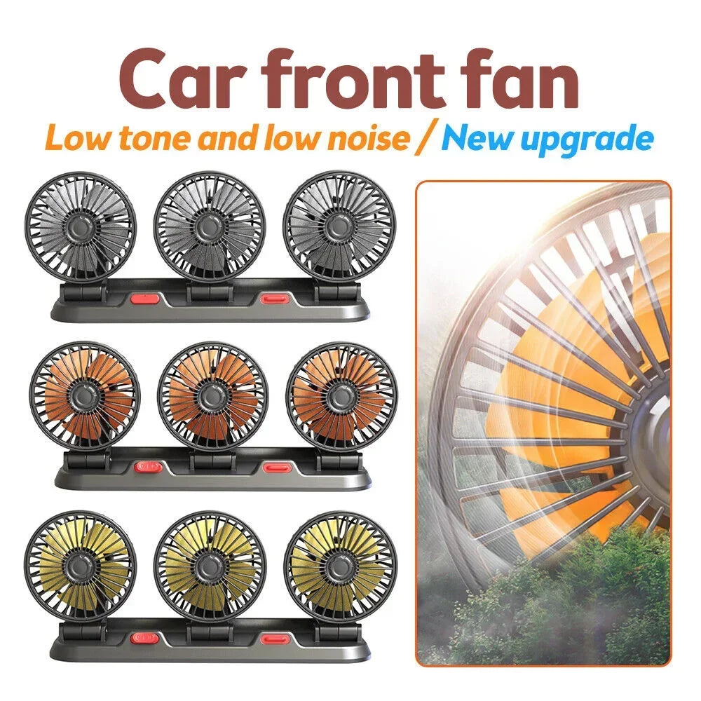 Car Cooling 360° Adjustable 3 Heads USB/12V/24V 2 Speed Silent Cooler Fan