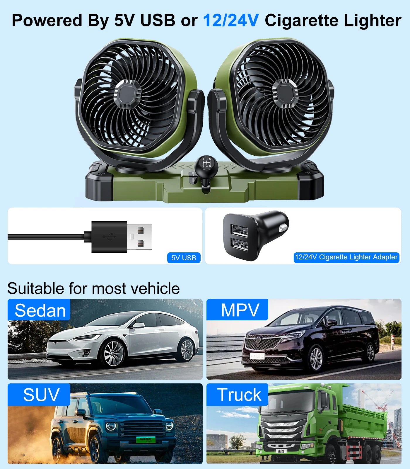 Car Dual-Head 2 Speeds Wind 360° Rotatable Fans USB/12V/24V