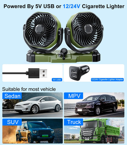 Car Dual-Head 2 Speeds Wind 360° Rotatable Fans USB/12V/24V