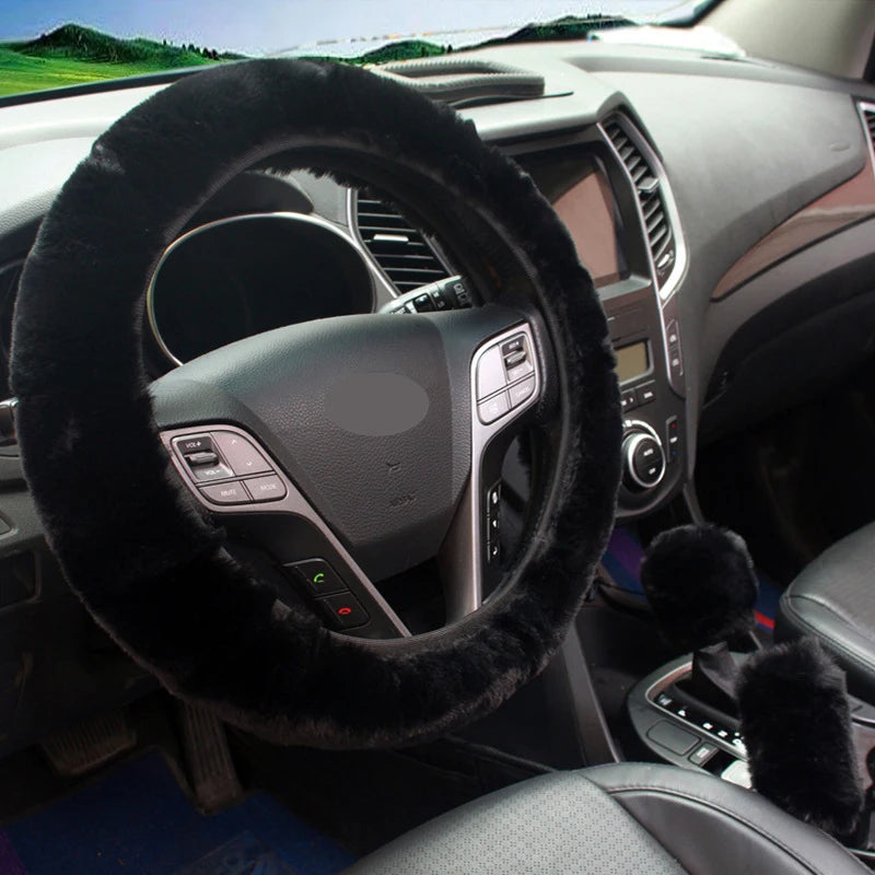 3Pcs/Set Winter Car Rabbit Hair Steering Wheel Cover Handbrake Warm Fur Case Gear Auto Interior