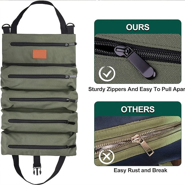 Multi-Purpose Roll Up Tool Bag Hanging Canvas Wrench Tool Bag Storage Bag with 5 Zipper