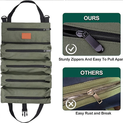 Multi-Purpose Roll Up Tool Bag Hanging Canvas Wrench Tool Bag Storage Bag with 5 Zipper