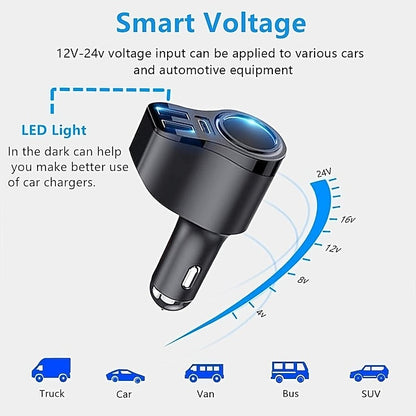 Car USB Splitter 4 In 1 USB Charger 36W Multi USB Cigarette Adapter
