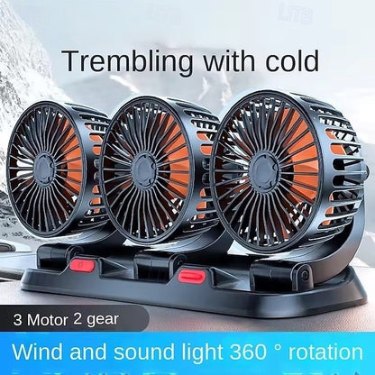 Triple Head USB Car Fan 360° Rotatable Cooling 2 Speed Strong Airflow Quiet Auto Fan
