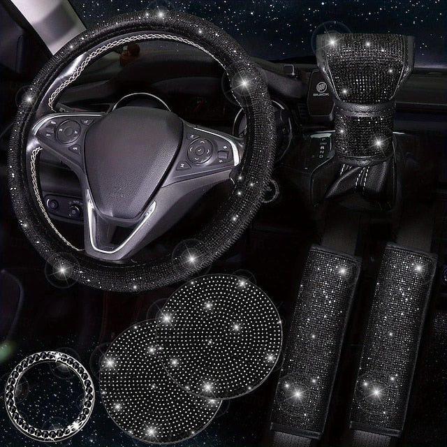 7PCS/Set Bling Car Accessories Set Includes Steering Wheel Seat Belt Pads Emblem Shift
