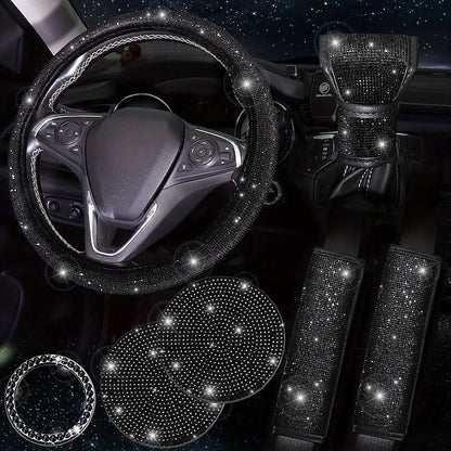 7PCS/Set Bling Car Accessories Set Includes Steering Wheel Seat Belt Pads Emblem Shift
