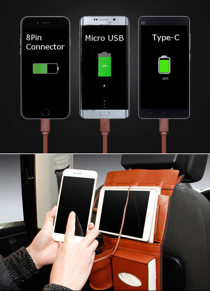 Car Seat Back Multi Pocket Micro Usb 8Pin Type-c Charging Cable