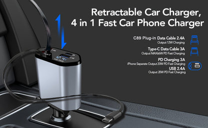 4 in 1 Car Charger Super Fast 120W Retractable Cables