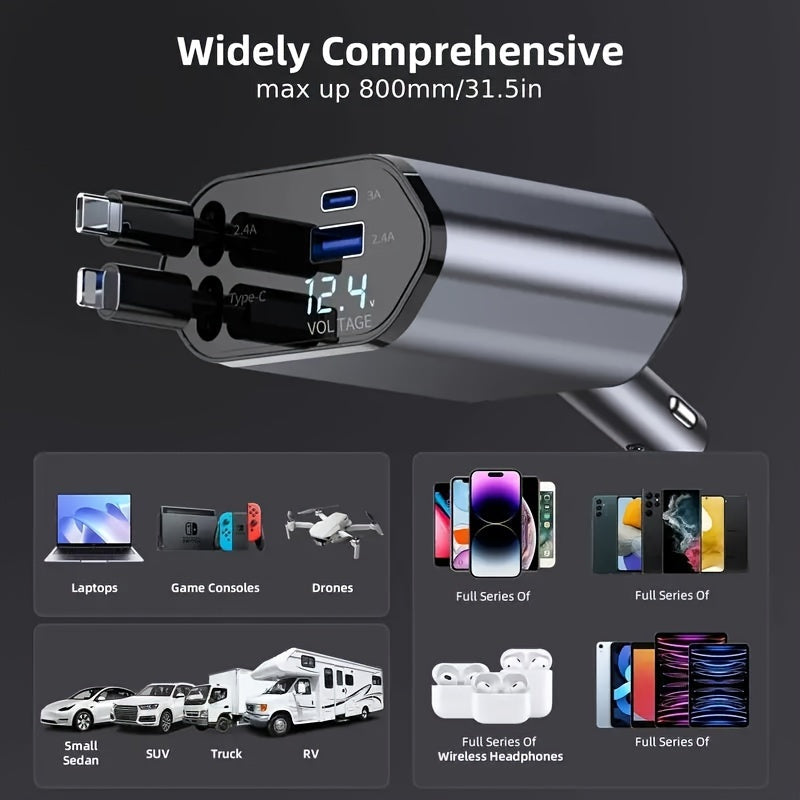 4 in 1 Car Charger Super Fast 120W Retractable Cables