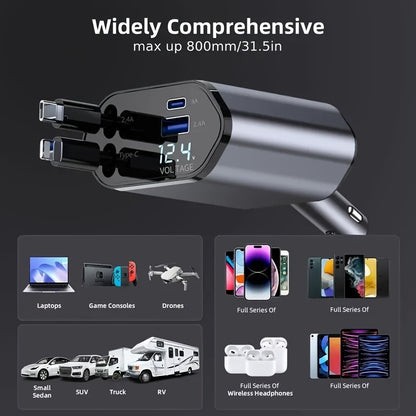 4 in 1 Car Charger Super Fast 120W Retractable Cables