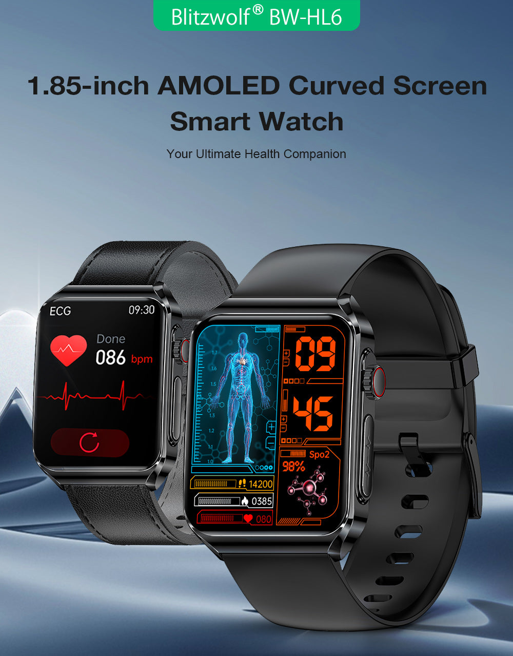 ECG HRV 1.85 Inch AMOLED 3D Curved Screen Heart Rate Blood Blueteeth Watch