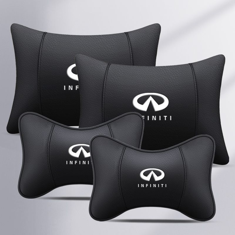 Car INFINITI Black Real Leather Seat Neck Cushion Pillow 2Pcs