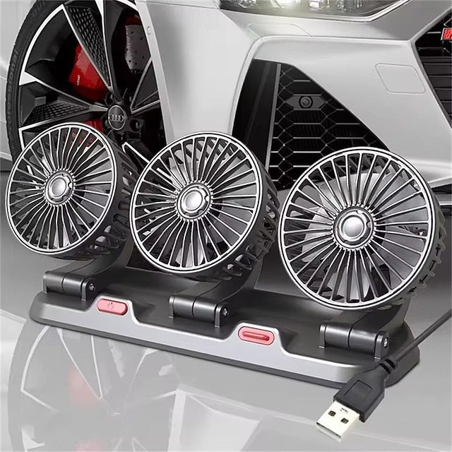 Triple Head USB Car Fan 360° Rotatable Cooling 2 Speed Strong Airflow Quiet Auto Fan