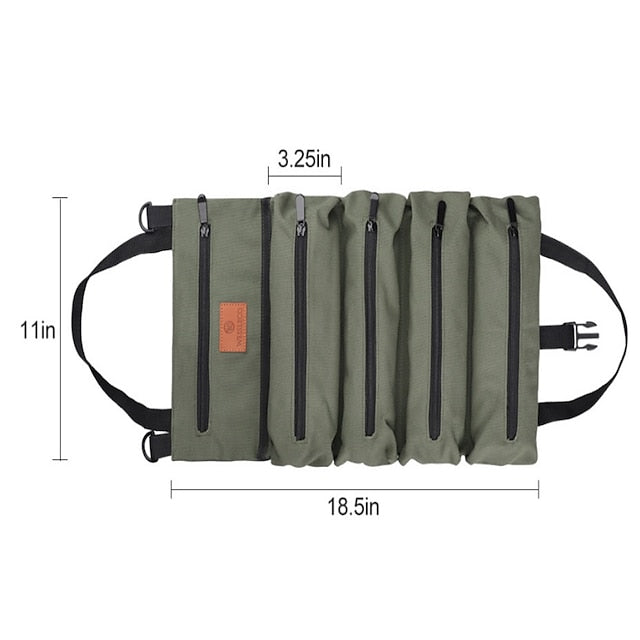 Multi-Purpose Roll Up Tool Bag Hanging Canvas Wrench Tool Bag Storage Bag with 5 Zipper