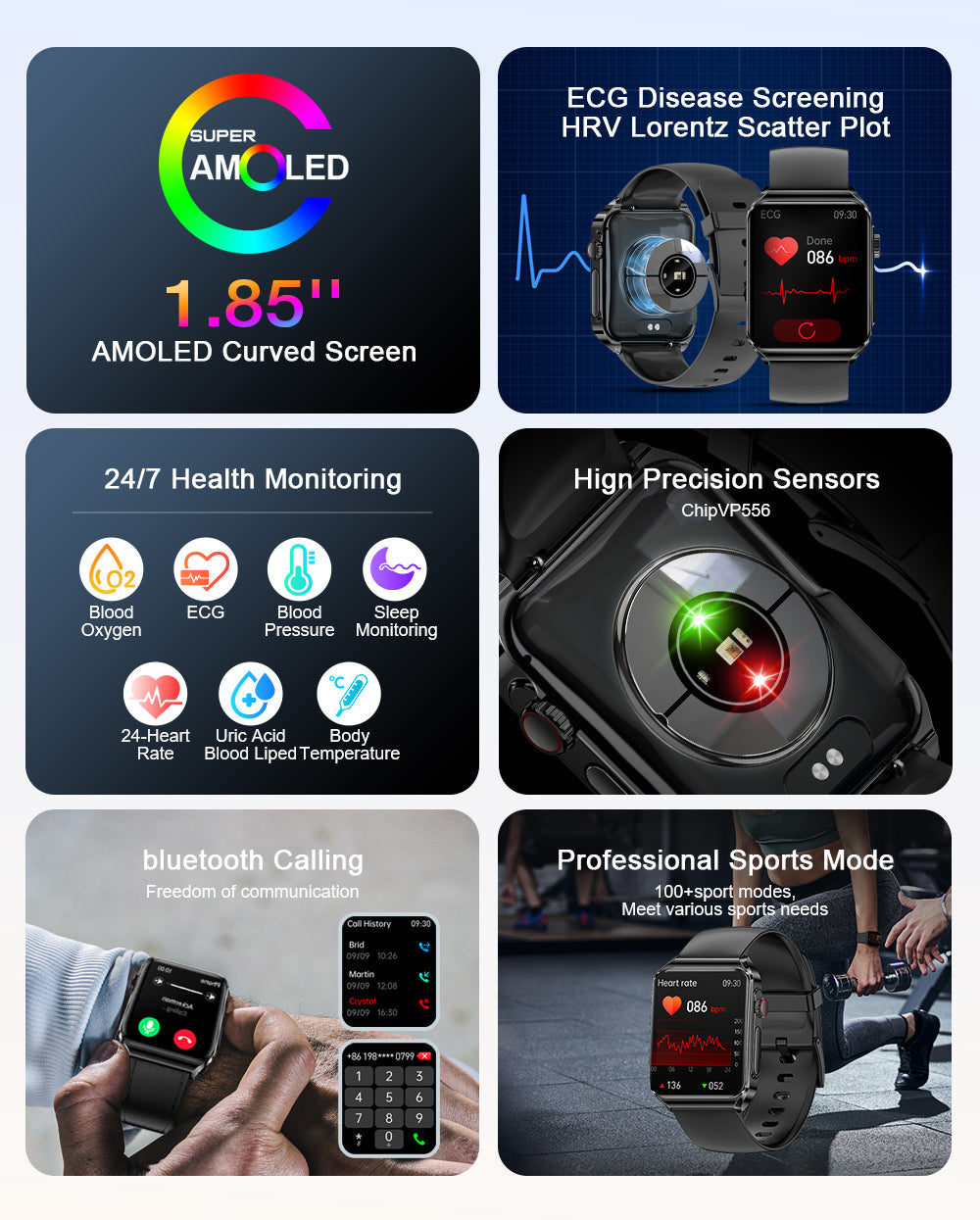 ECG HRV 1.85 Inch AMOLED 3D Curved Screen Heart Rate Blood Blueteeth Watch