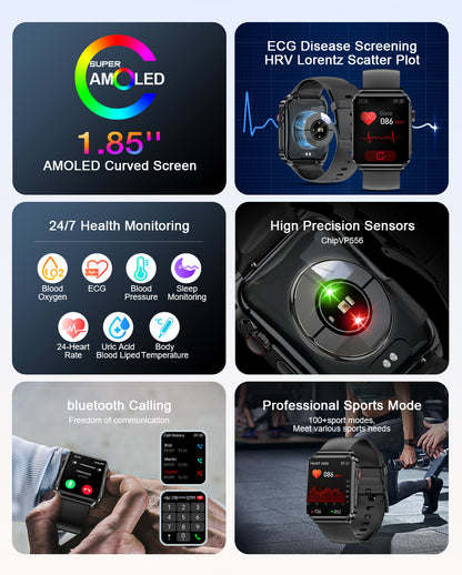 ECG HRV 1.85 Inch AMOLED 3D Curved Screen Heart Rate Blood Blueteeth Watch