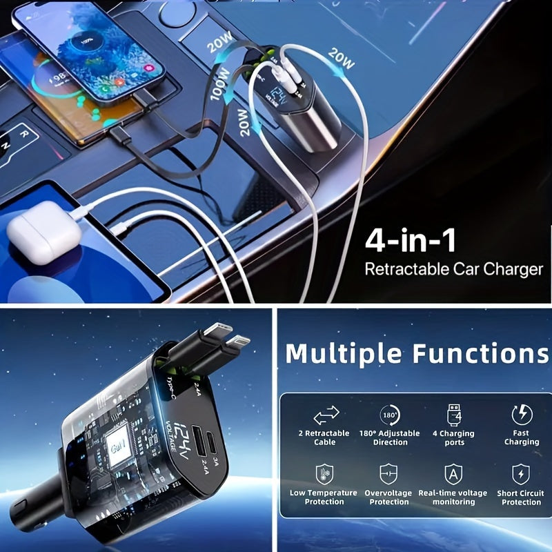 4 in 1 Car Charger Super Fast 120W Retractable Cables