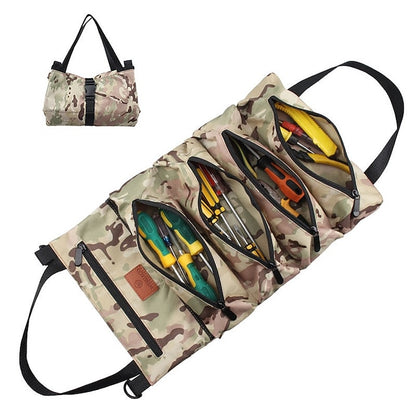 Multi-Purpose Roll Up Tool Bag Hanging Canvas Wrench Tool Bag Storage Bag with 5 Zipper