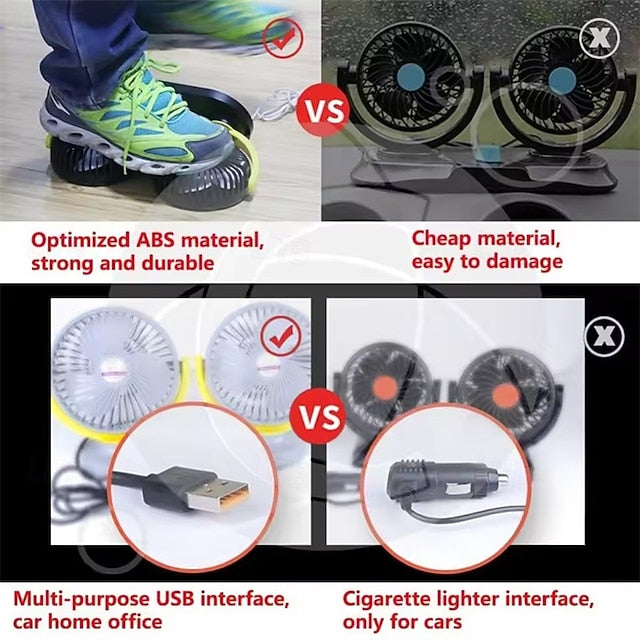 Car USB Fan Cooling Dual Head 3 Speeds Adjustable Cooler Air Fan