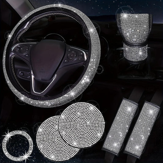7PCS/Set Bling Car Accessories Set Includes Steering Wheel Seat Belt Pads Emblem Shift