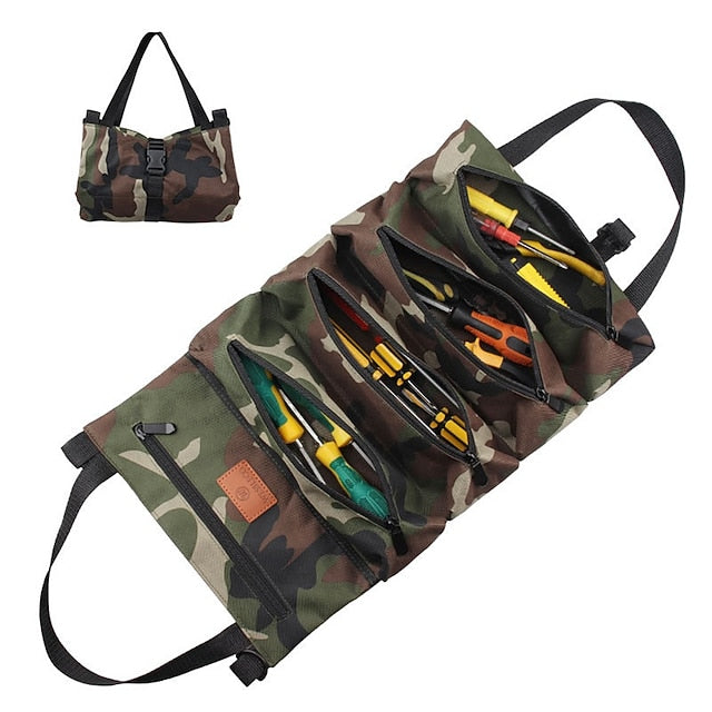 Multi-Purpose Roll Up Tool Bag Hanging Canvas Wrench Tool Bag Storage Bag with 5 Zipper