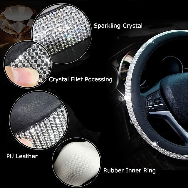 Diamond Leather Bling Crystal Rhinestones Universal Steering Wheel Cover