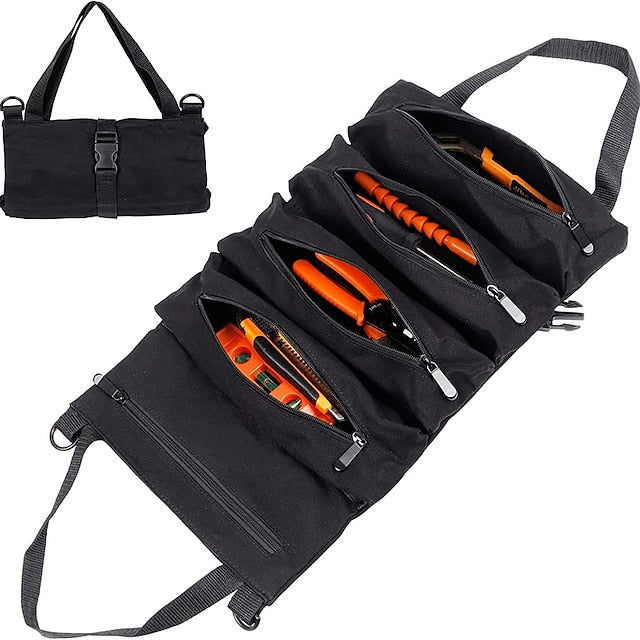 Multi-Purpose Roll Up Tool Bag Hanging Canvas Wrench Tool Bag Storage Bag with 5 Zipper
