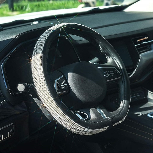 Diamond Leather Bling Crystal Rhinestones Universal Steering Wheel Cover