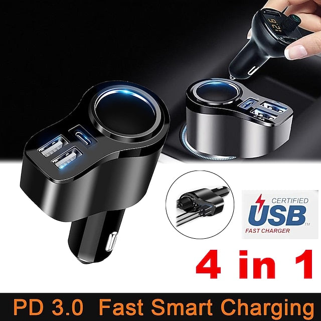 Car USB Splitter 4 In 1 USB Charger 36W Multi USB Cigarette Adapter