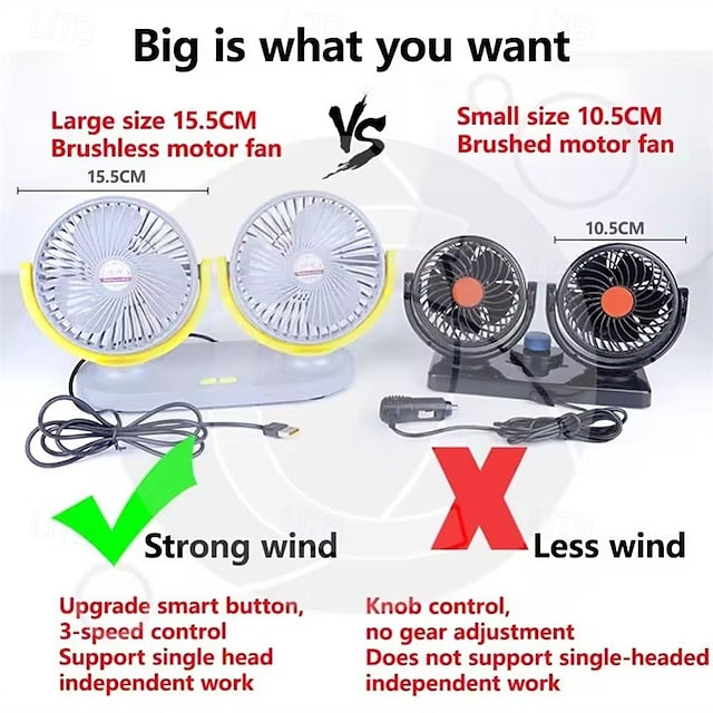 Car USB Fan Cooling Dual Head 3 Speeds Adjustable Cooler Air Fan