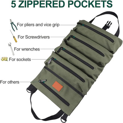 Multi-Purpose Roll Up Tool Bag Hanging Canvas Wrench Tool Bag Storage Bag with 5 Zipper