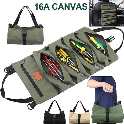 Multi-Purpose Roll Up Tool Bag Hanging Canvas Wrench Tool Bag Storage Bag with 5 Zipper