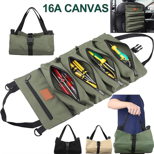 Multi-Purpose Roll Up Tool Bag Hanging Canvas Wrench Tool Bag Storage Bag with 5 Zipper