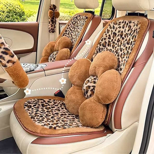 Car Leopard Print Seat Set Cute Plush Faux Fur Cushion