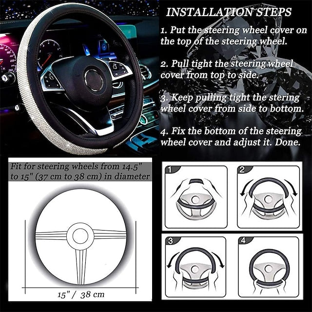 Diamond Leather Bling Crystal Rhinestones Universal Steering Wheel Cover