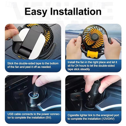 Car Fan 12V 24V USB Powered 360° Rotatable Portable Cooling Fan