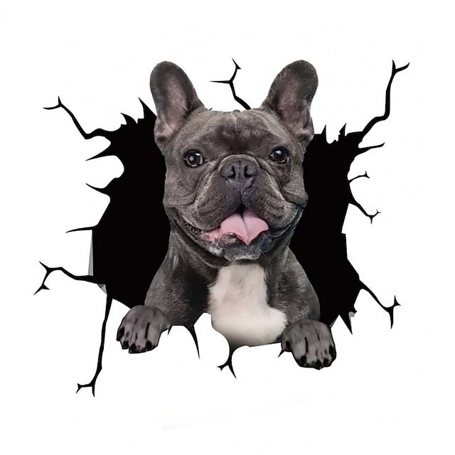 3D Car Stickers Auto  Puppy Broken Window Stickers French Bulldog Vinyl Decals