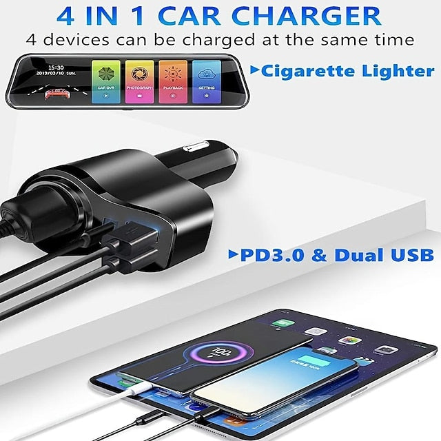 Car USB Splitter 4 In 1 USB Charger 36W Multi USB Cigarette Adapter