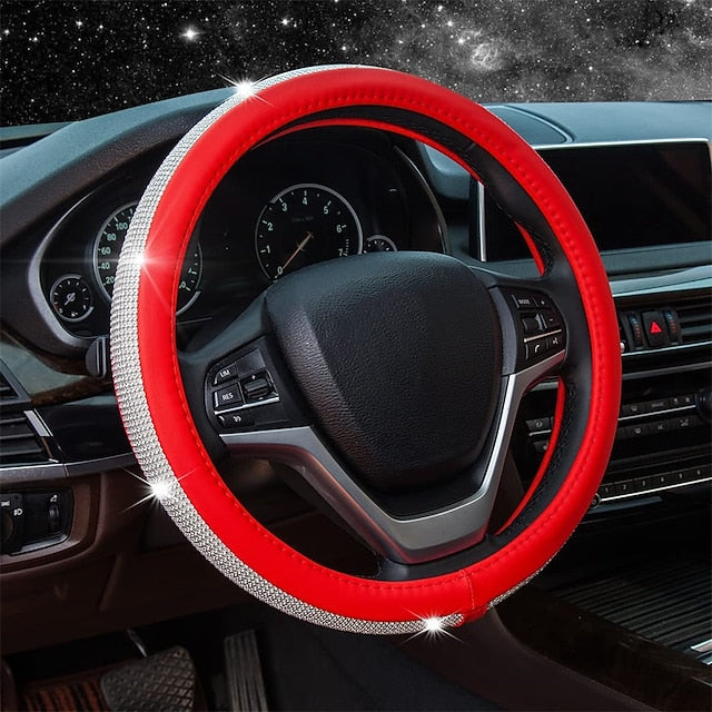 Diamond Leather Bling Crystal Rhinestones Universal Steering Wheel Cover