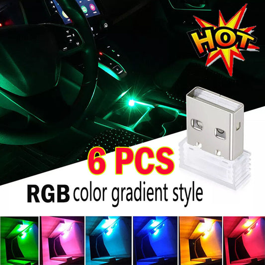 6x Mini RGB LED USB Car Interior Light Neon Atmosphere Ambient Lamp Accessories