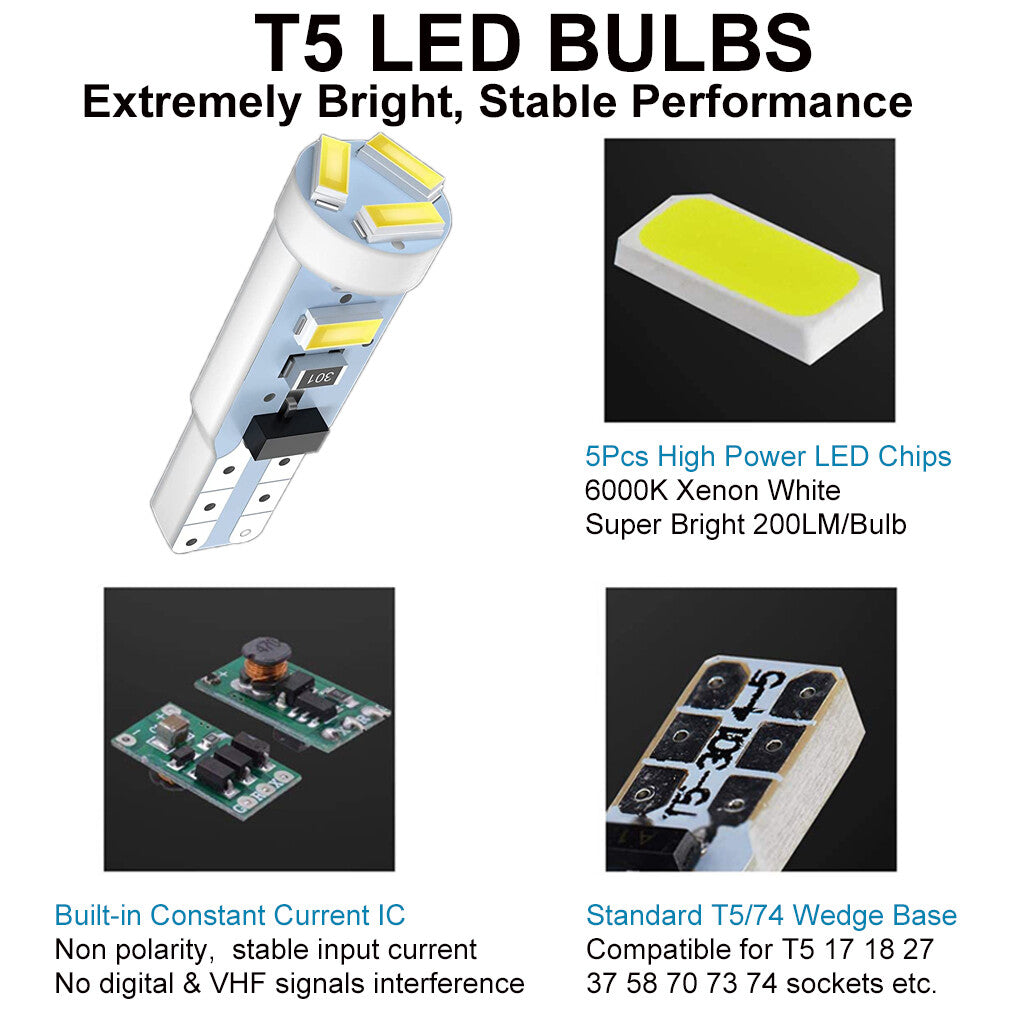 10Pcs Blue T5 74 37 SMD Car LED Dashboard Instrument Interior Light Accessories