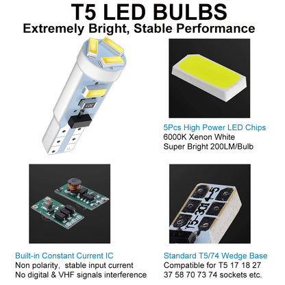 10Pcs Blue T5 74 37 SMD Car LED Dashboard Instrument Interior Light Accessories