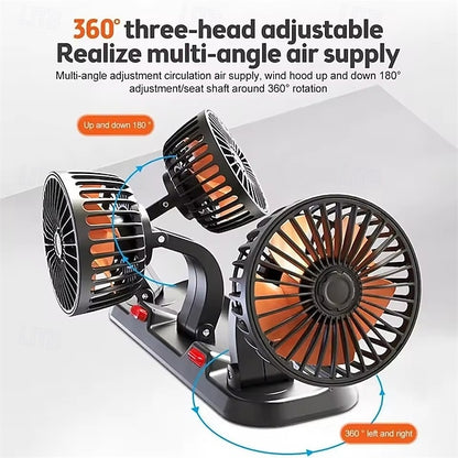 Triple Head USB Car Fan 360° Rotatable Cooling 2 Speed Strong Airflow Quiet Auto Fan