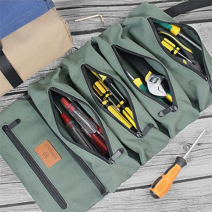Multi-Purpose Roll Up Tool Bag Hanging Canvas Wrench Tool Bag Storage Bag with 5 Zipper