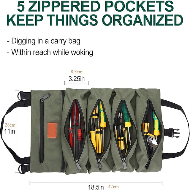 Multi-Purpose Roll Up Tool Bag Hanging Canvas Wrench Tool Bag Storage Bag with 5 Zipper