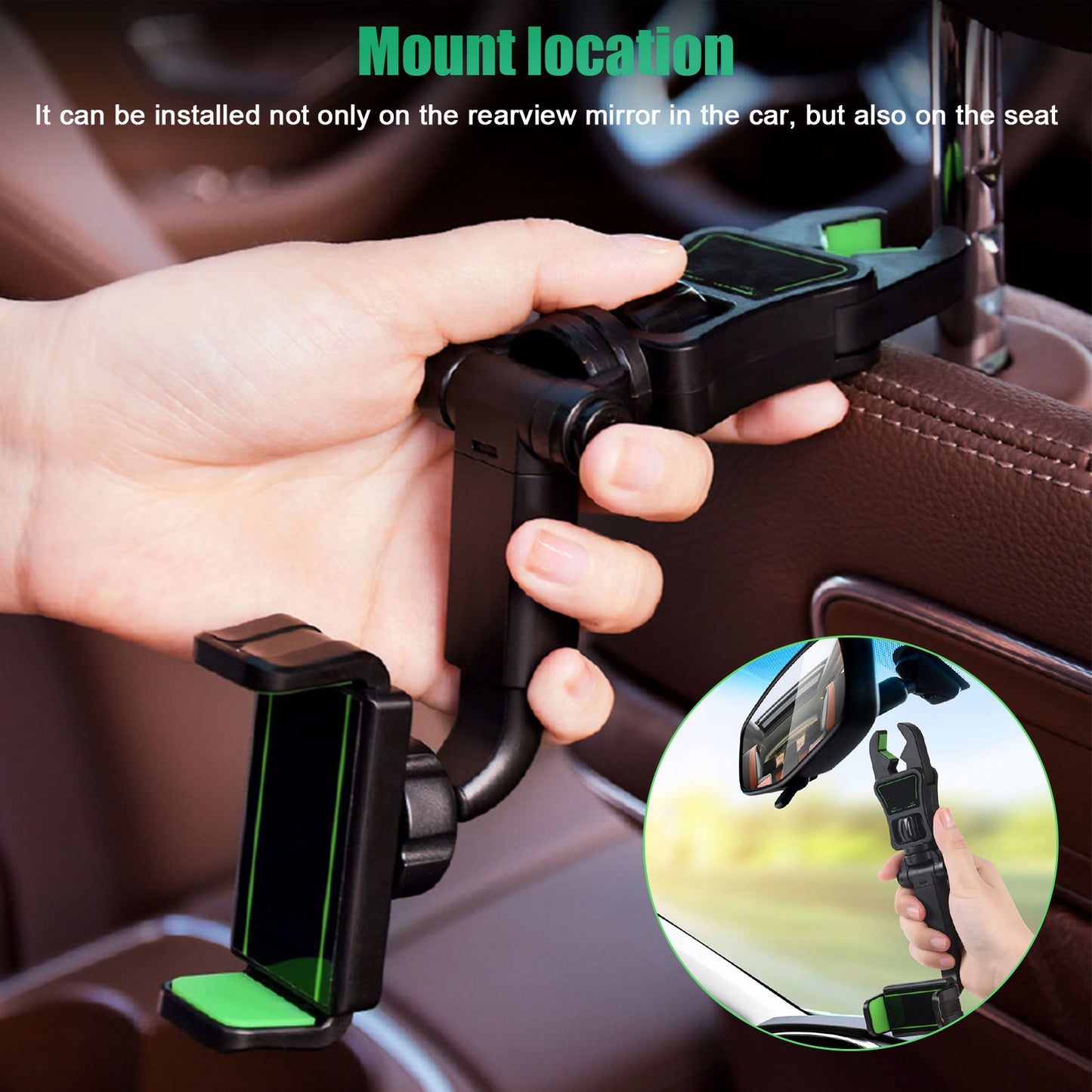 Car Phone Mount Rearview Mirror Universal 360° Rotating Holder Mount
